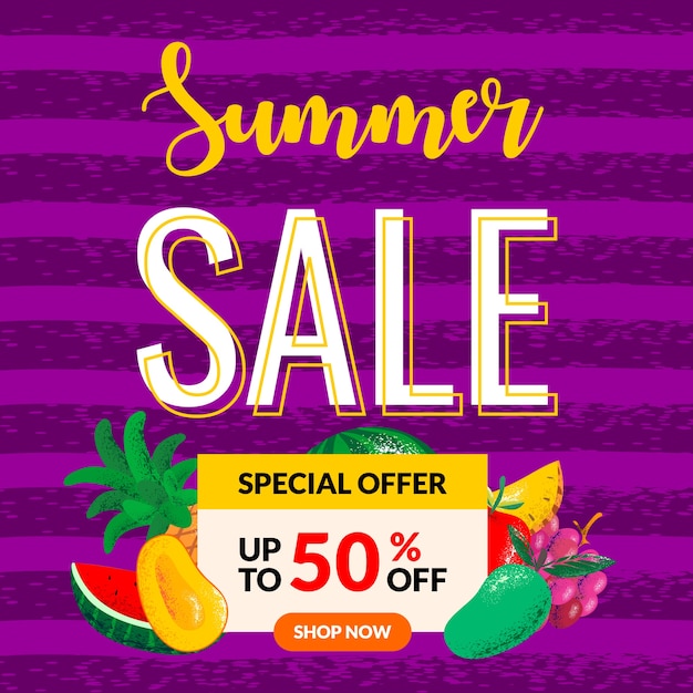 Vector summer sale banner with pieces of fruits