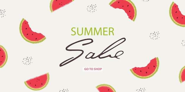 Summer sale banner with a slice of watermelon on a light background brush imitationvector