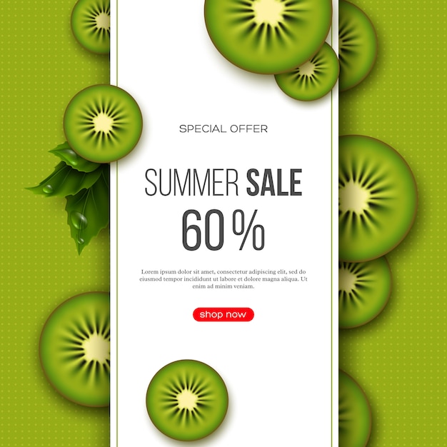 Summer sale banner with sliced kiwi pieces, leaves and dotted pattern. green background - template for seasonal discounts