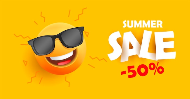 종이 스티커 텍스트와 할인이 있는 선글라스에 얼굴을 하고 웃는 태양이 있는 여름 판매 배너