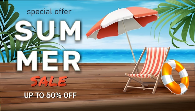 summer sale banner with sun bed and umbrella on the seaside beach