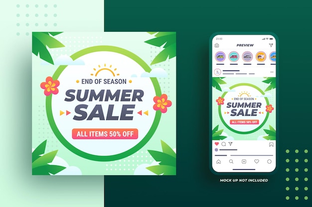 Vector summer sale banner with tropical flower and leaves