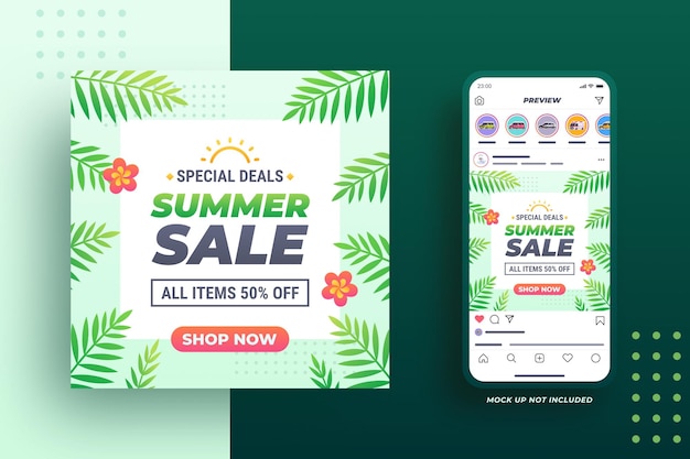 Summer sale banner with tropical flower and leaves