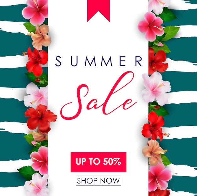 Vector summer sale banner with tropical flowers background