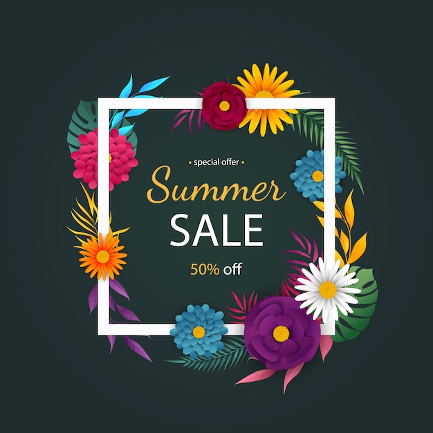 Summer sale banner with tropical flowers.