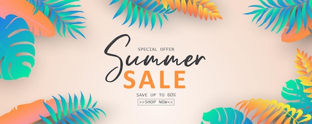 Summer sale banner with tropical leaf theme