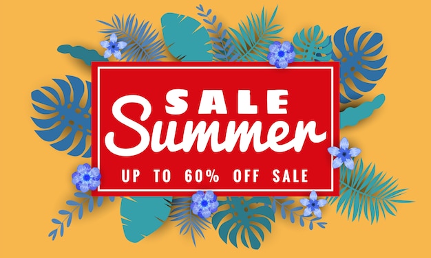 Vector summer sale banner with tropical leaves exotic floral