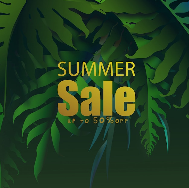 Vector summer sale banner with  tropical leaves, exotic tropical leaves design