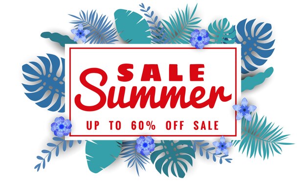 Summer sale banner with tropical leaves floral