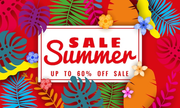 Summer sale banner with tropical leaves floral