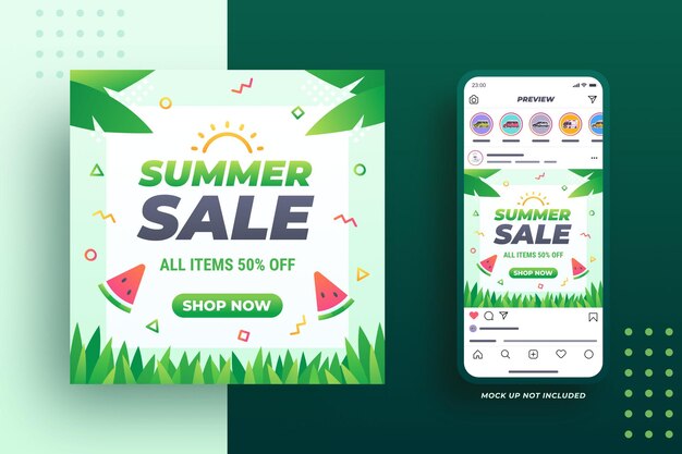 Vector summer sale banner with tropical leaves watermelon and grass