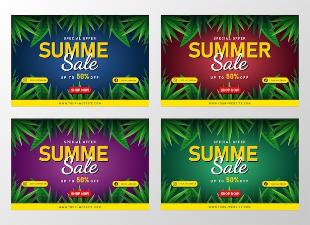 Summer Sale banner with tropical leaves