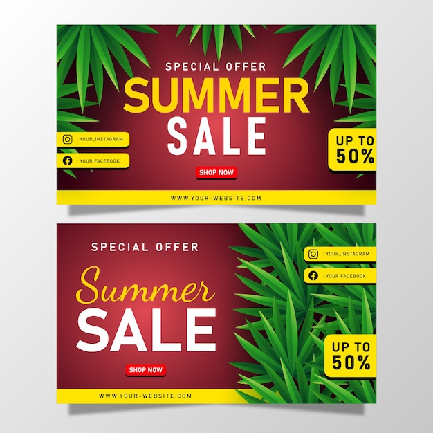 Summer sale banner with tropical leaves