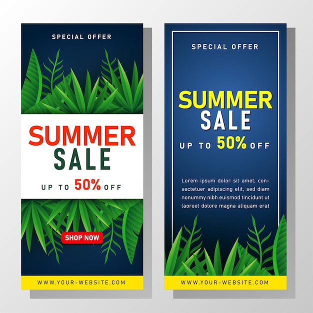 Summer Sale banner with tropical leaves