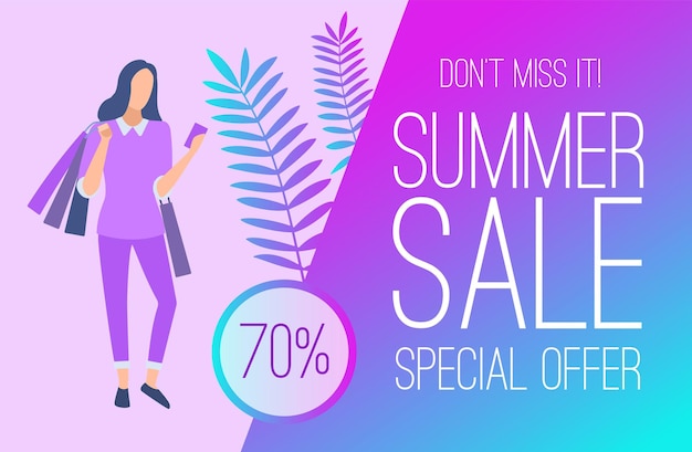 Summer sale banner with tropical leaves