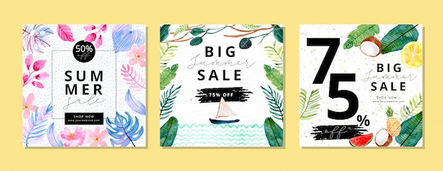 Summer sale banner with tropical plant watercolor background