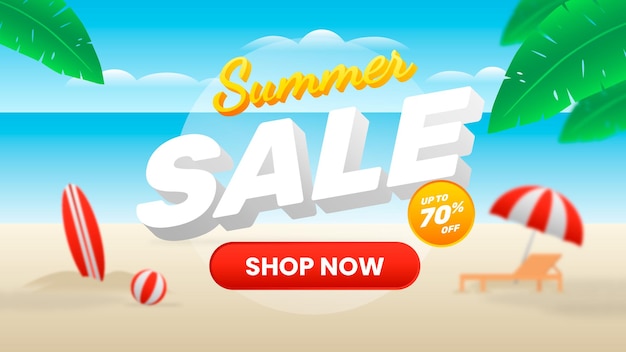 summer sale banner with umbrella, surfing board, beach chair and balloon.
