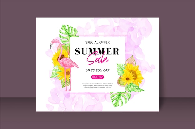 Summer sale banner with watercolor flamingo and tropical floral