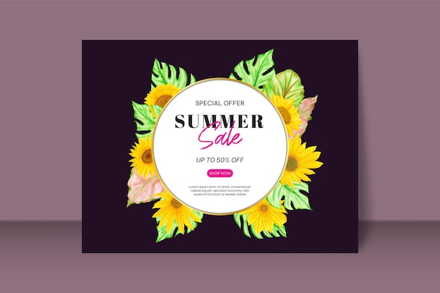 Summer sale banner with watercolor sunflower tropical floral