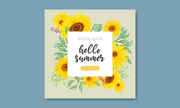 Summer sale banner with watercolor sunflower