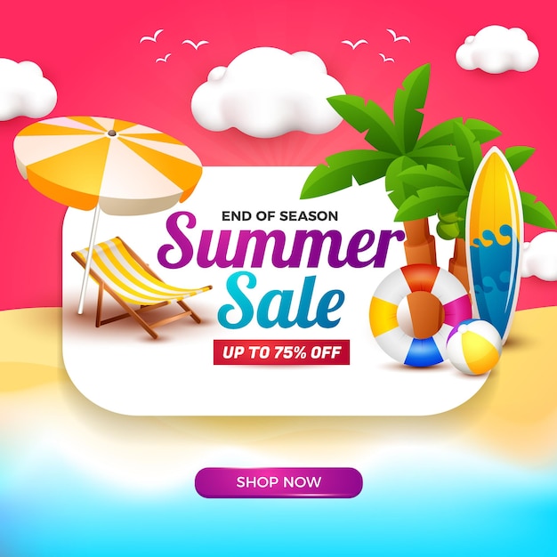 Summer sale banner with white board and 3d cartoon element