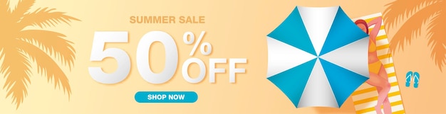 Vector summer sale banner with woman under umbrella on the beach