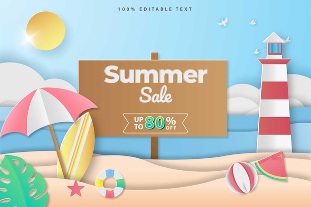 summer sale beach banner in papercut style  