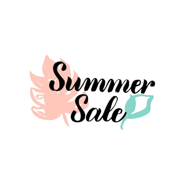 Summer Sale Calligraphy. Vector Illustration of Lettering and Tropical Plant Design Element.