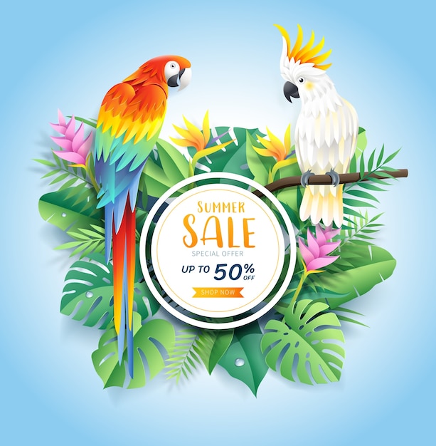 Summer sale card with cockatoo and scarlet macaw on tropical leaf flowers paper cut background