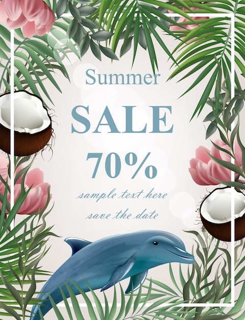 Summer sale card with palm trees and dolphin