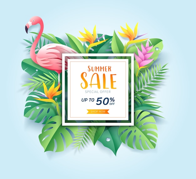 Summer sale card with pink flamingo on tropical leaf paper cut background