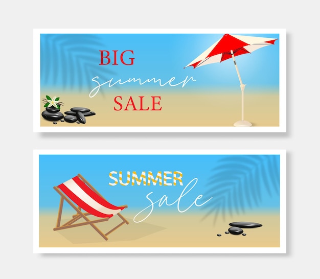 Vettore collezione estiva di striscioni con accessori da spiaggia sfondo esotico per banner poster flyer cartolina d'auguri e web design in blu e rosa