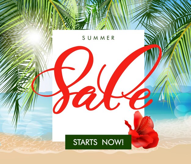 summer sale concept. summer background with tropical flowers, butterflies. template vector.