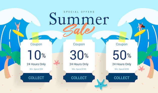 Summer sale coupon template banner vector design happy summer beach