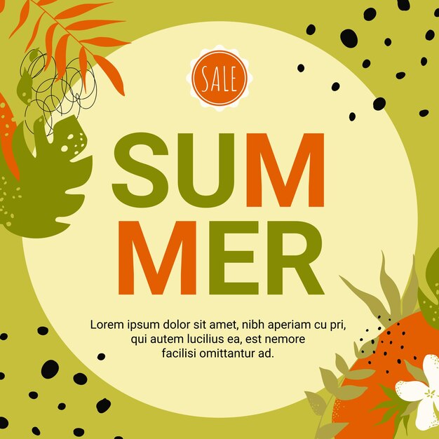 Summer sale design banner with flower garden green leaves and dots in round frame
