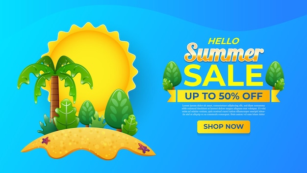 Summer sale design template with tropical leaves on island background