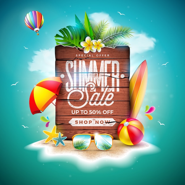 Summer sale design with exotic palm leaves and vintage wood board