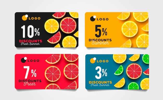 Summer sale discount cards with sliced citrus pieces and percentage of sale