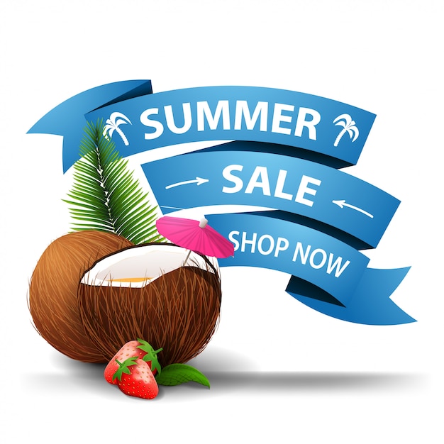 Summer sale, discount clickable web banner in the form of ribbons