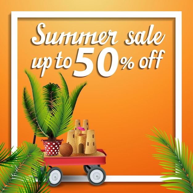 Summer sale, discount square web banner with garden cart with sand, sand castle and potted palm