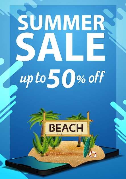 Summer sale, discount vertical banner with a smartphone