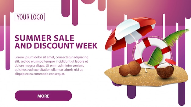 Summer sale and discount week, banner with coconut cocktail