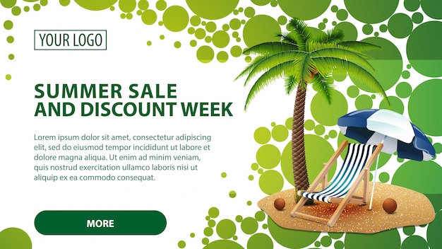 Summer sale and discount week, banner with palm tree and beach chair