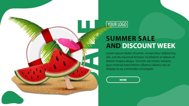 Summer sale and discount week, banner orizzontale di sconto per il tuo sito con un design moderno