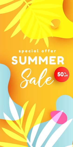 Vector summer sale editable  banner with fluid liquid elements tropical leaves watermelon slices