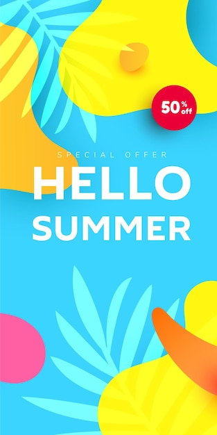 summer sale editable template banner with fluid liquid elements, tropical leaves, watermelon slices 