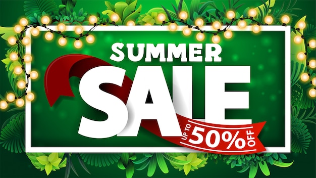 Summer sale, green discount banner with 3d text with red ribbon with offer, frame of tropical leaves around a white line frame, large offer and frame of bright garland
