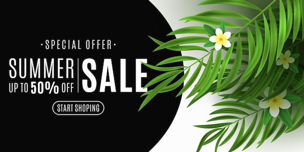 Summer sale. Green palm leaf with plumeria flowers illustration