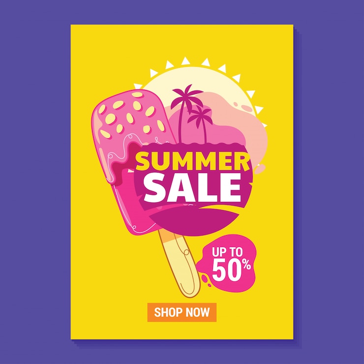 Summer Sale Illustration Poster with Popsicle, Beach and Tropical Leaves Background
