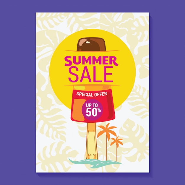 Summer Sale Illustration Poster with Popsicle, Beach and Tropical Leaves Background